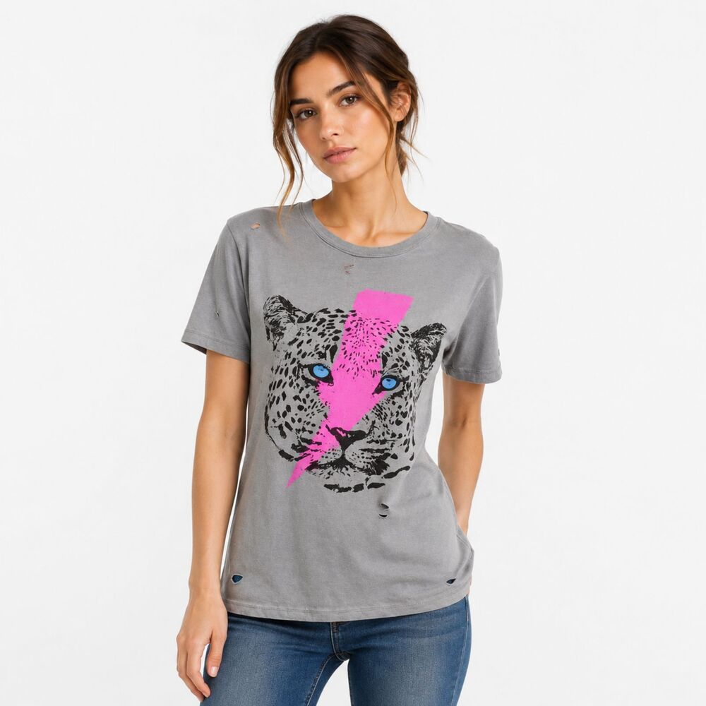 Leopard New Graphic Tee Distressed Pink Lightning Bolt Leopard Boutique Top M